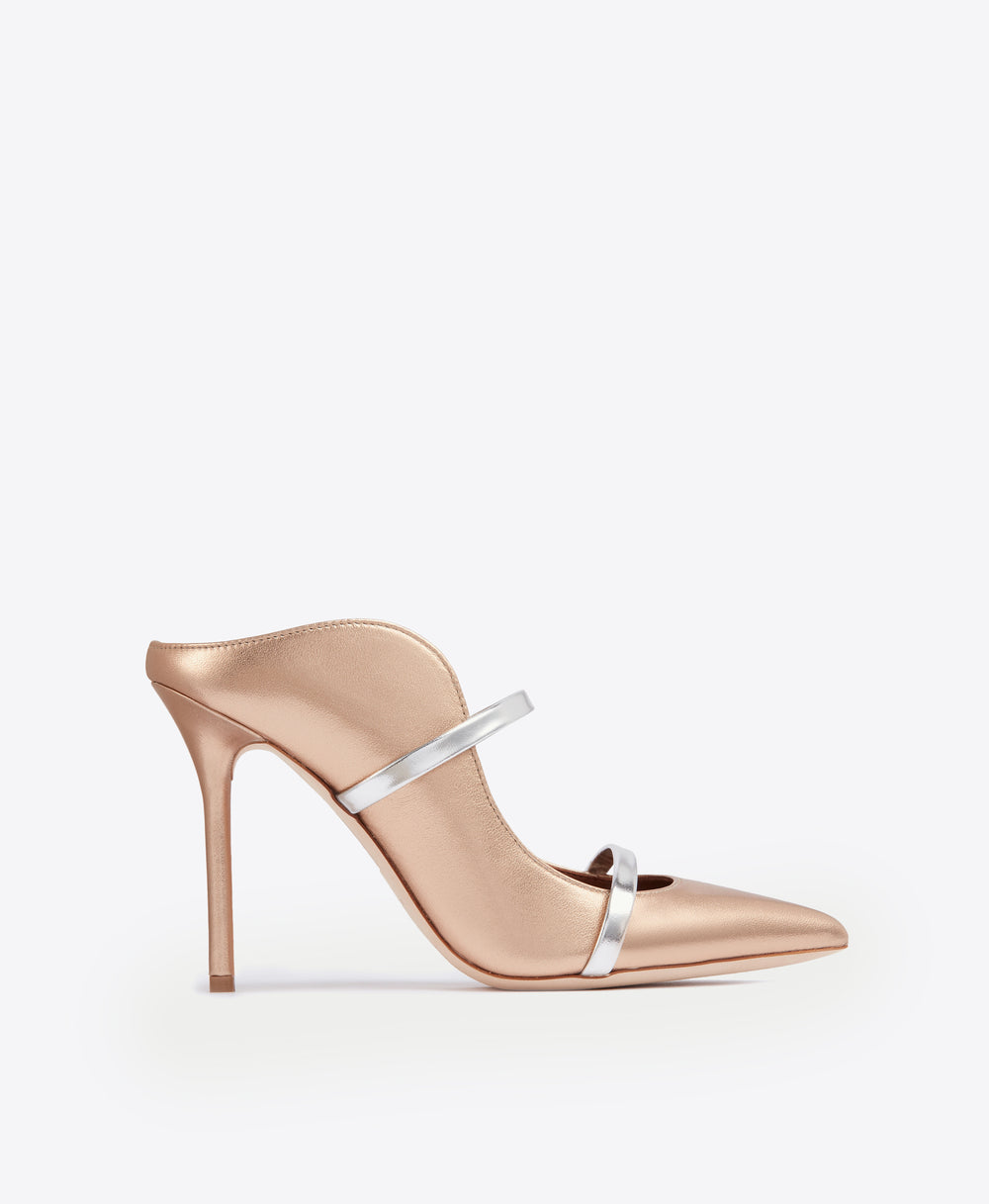 Maureen 100mm Gold & Silver Leather Stiletto Mules | Malone Souliers