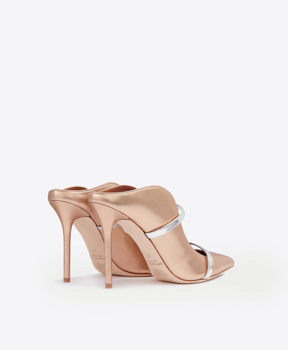 Maureen 100mm Gold & Silver Leather Stiletto Mules | Malone Souliers