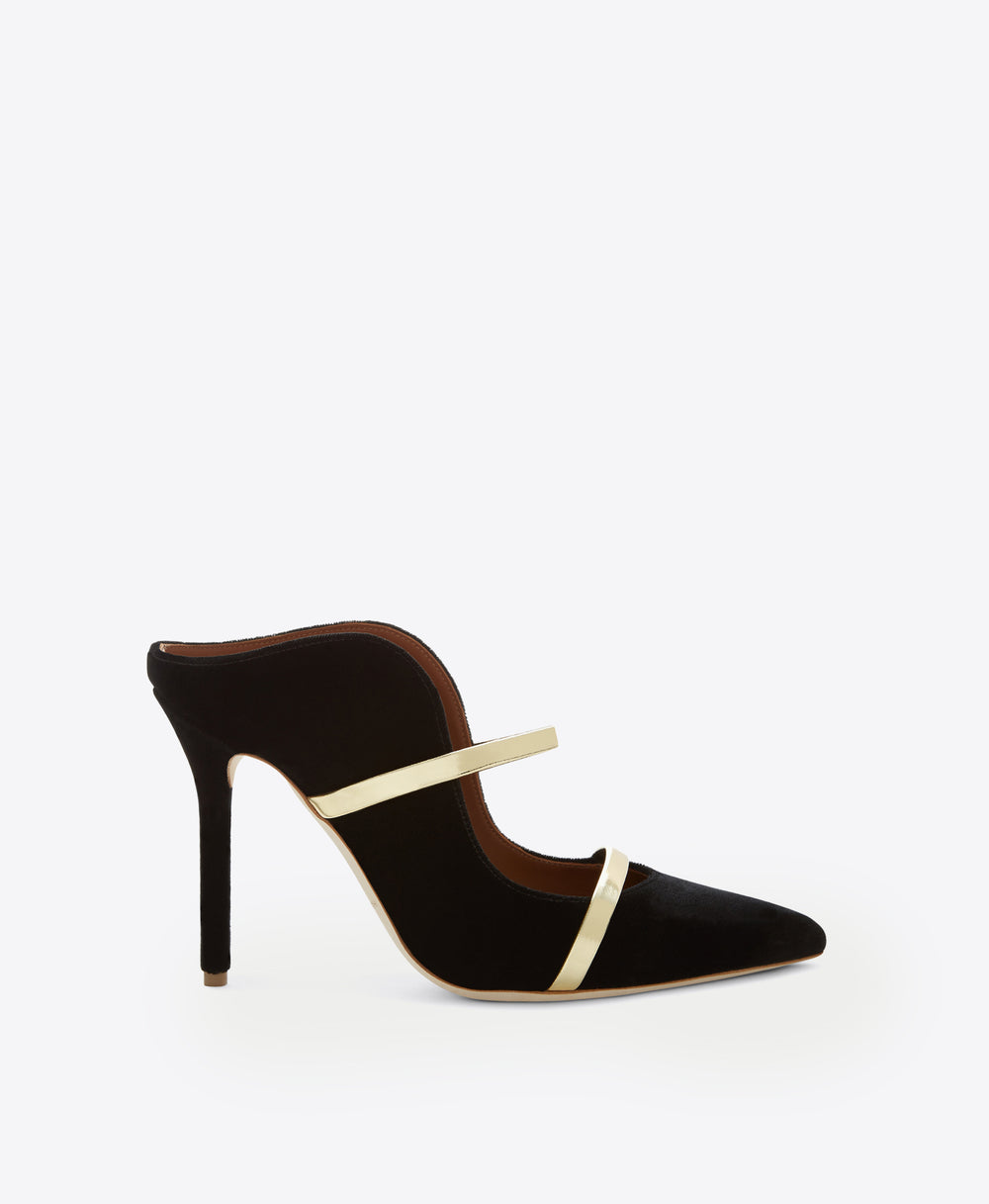 Maureen 100mm Black Velvet Gold Leather Mules | Malone Souliers