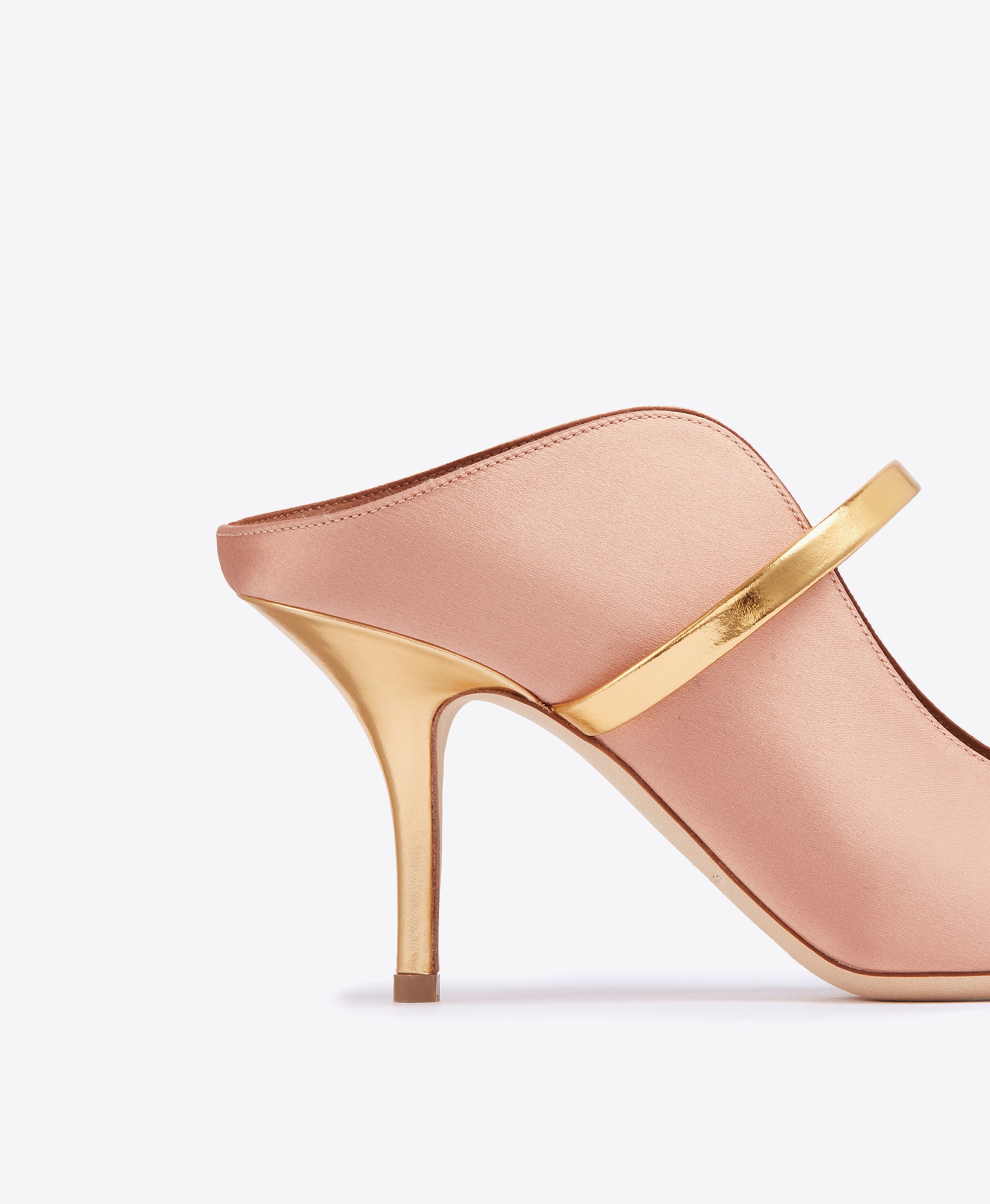 Malone Souliers Satin Blush Pink Heeled Mules with Signature Gold Leather Straps