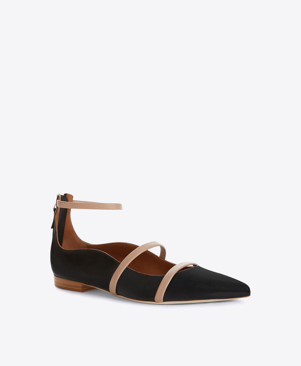 Women's Black & Nude Leather Pointed Toe Flat Pumps Malone Souliers