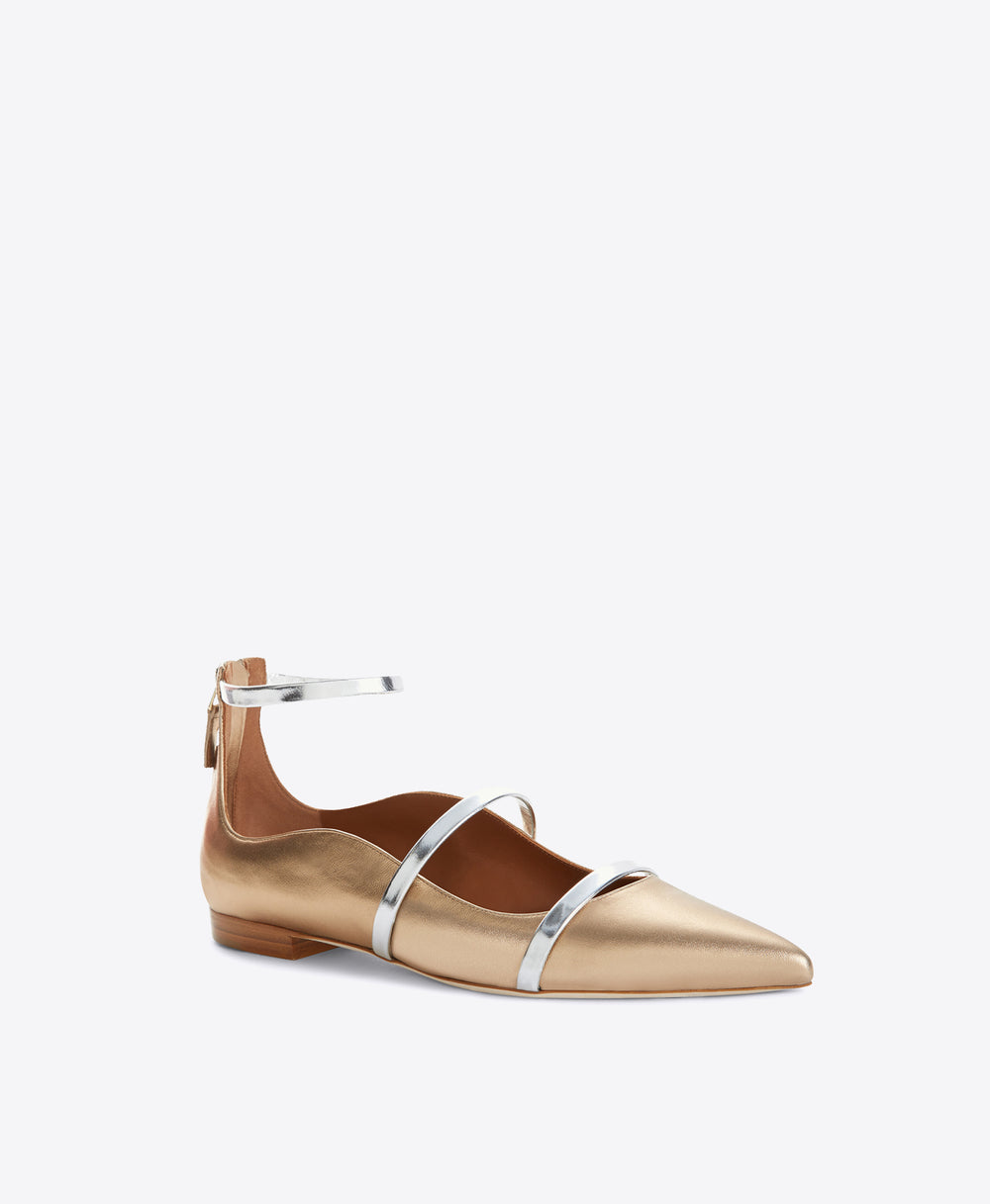 Women's Gold Metallic & Silver Mirror Leather Pointed Toe Flat Pumps Malone Souliers