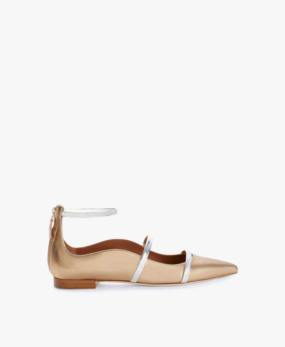 Women's Gold Metallic & Silver Mirror Leather Pointed Toe Flat Pumps Malone Souliers
