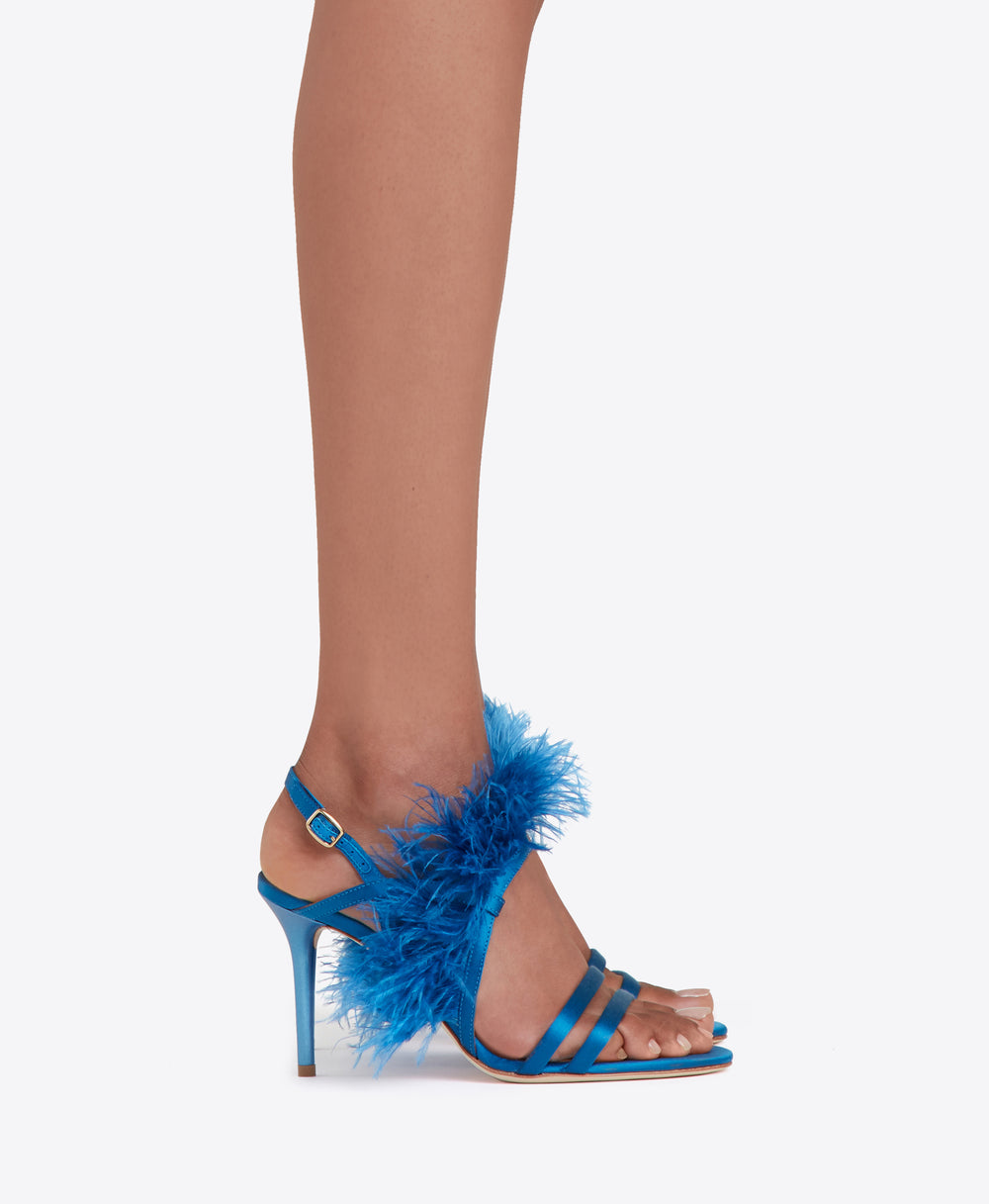 Women's Blue Satin Heeled Sandal with Feathers Malone Souliers