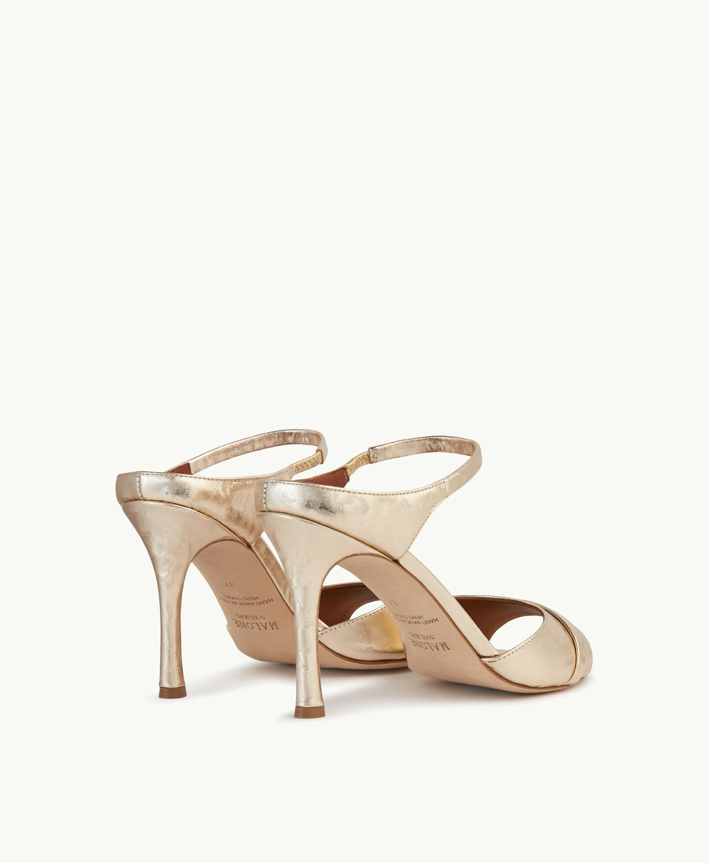 Women's  Platino Gold Leather Heeled Sandals Malone Souliers